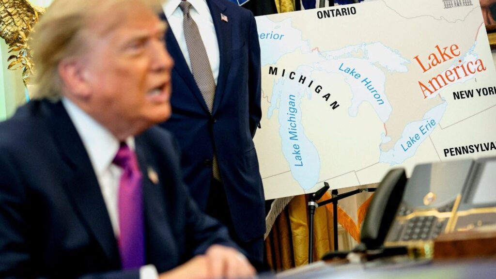 U.S. President Donald Trump speaks next to a map with "Lake America" written on it as he attends an event to sign an executive order renaming Lake Ontario as Lake America at the Oval Office of the White House in Washington, D.C., U.S., August 27, 2026. REUTERS/Evan Vucci