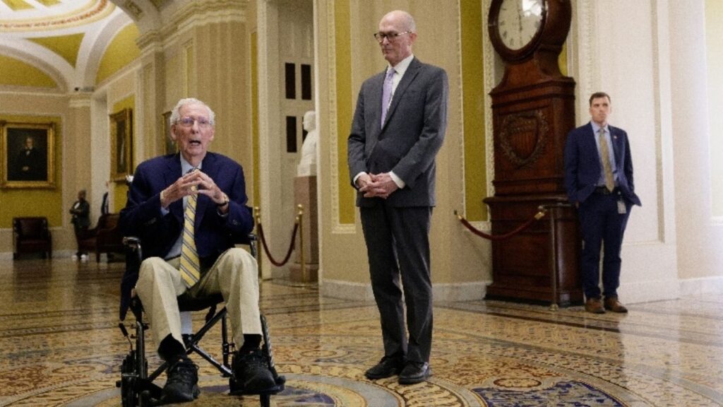 U.S. Senator Mitch McConnell (R-KY) speaks to reporters outside the Senate Chamber after he returned to Capitol Hill in Washington, D.C., U.S., September 14, 2026. REUTERS/Evan Vucci