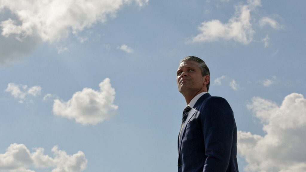 US Defense Secretary Pete Hegseth watches a US Air Force flyover during a ceremony in remembrance of US military prisoners of war and those missing in action (POW/MIA) at the Pentagon in Washington, D.C., US, September 18, 2026. REUTERS/Jonathan Ernst