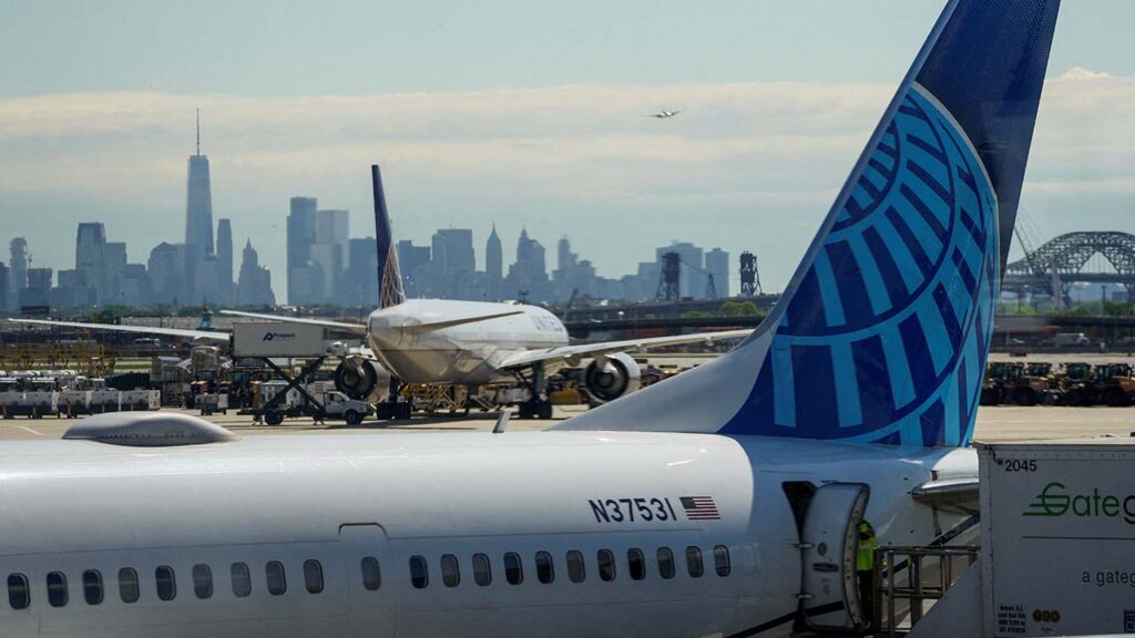 A view shows United Airlines at the tarmac at Newark International Airport, as the skyline of New York is seen in the background from Newark, New Jersey, U.S., May 7, 2025. (Reuters/File Photo)