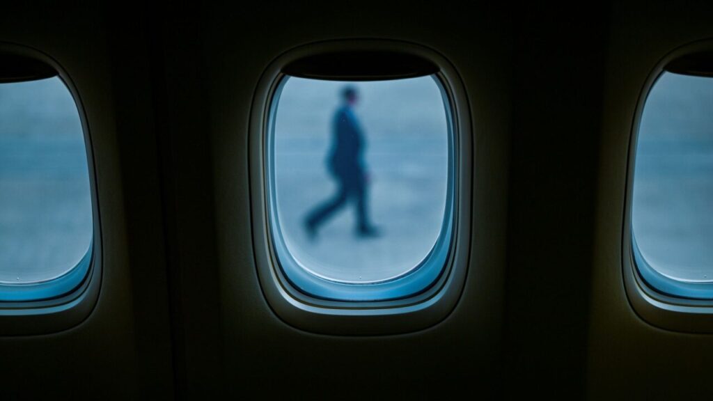 Image of a Secret Service Agent walking on the tarmac as seen through an airplane window