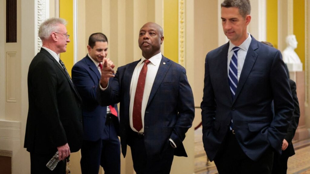 US Senator Tim Scott (R-SC) and Senator Tom Cotton (R-AR) walk through the US Capitol ahead of a Senate vote on the "Protect College Sports Act" on Capitol Hill in Washington, D.C., US, September 28, 2026. REUTERS/Kylie Cooper