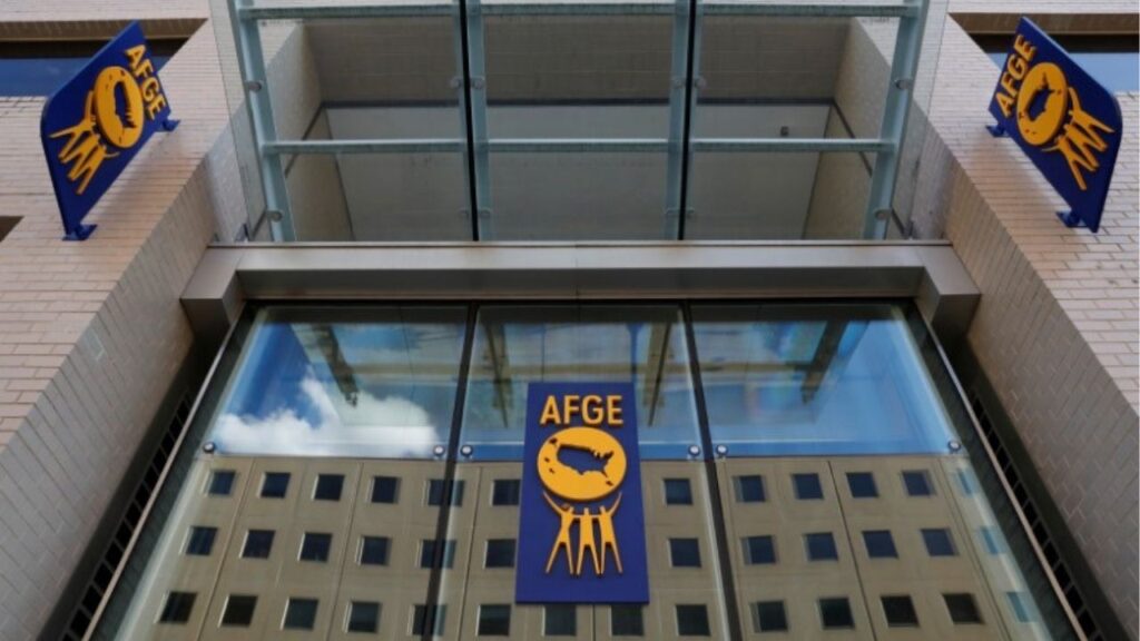 The logo of the American Federation of Government Employees (AFGE) is seen on the outside of their headquarters in Washington, D.C., U.S., August 30, 2020. Reuters/Andrew Kelly