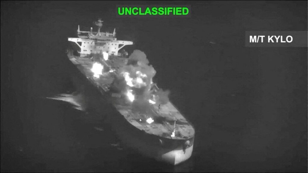 Fire and smoke rise during what U.S. Central Command (CENTCOM) says are strikes on Iranian oil carriers, at an unknown location in this screengrab taken from a handout video released on September 5, 2026. U.S. Central Command/Handout via Reuters