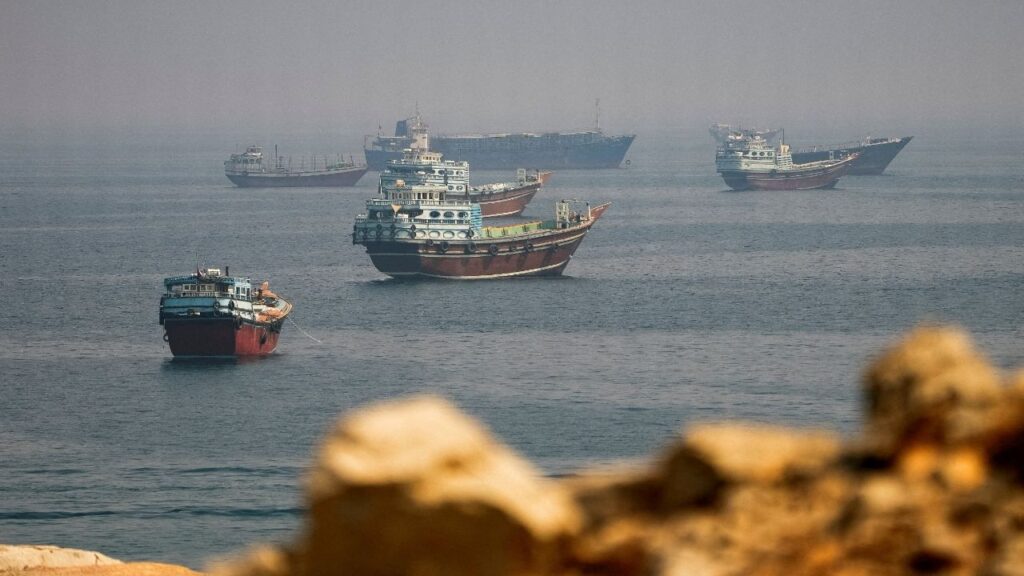 Vessels near the Strait of Hormuz, as seen from Musandam, Oman, August 31, 2026. (Reuters File)