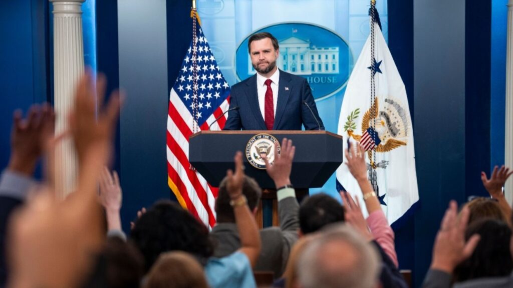 Vice President JD Vance takes questions from reporters during a briefing at the White House in Washington, on Thursday, Sept. 3, 2026. The Trump administration is moving to allow married couples with a stay-at-home spouse to collect child care subsidies, a policy championed by Vance, using funds from a federal program intended to assist working parents, according to people familiar with the discussions. (Doug Mills/The New York Times)