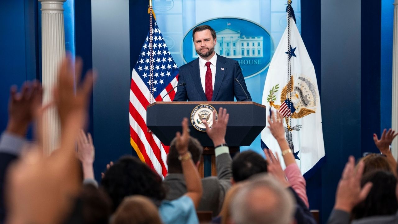 Vice President JD Vance takes questions from reporters during a briefing at the White House in Washington, on Thursday, Sept. 3, 2026. The Trump administration is moving to allow married couples with a stay-at-home spouse to collect child care subsidies, a policy championed by Vance, using funds from a federal program intended to assist working parents, according to people familiar with the discussions. (Doug Mills/The New York Times)