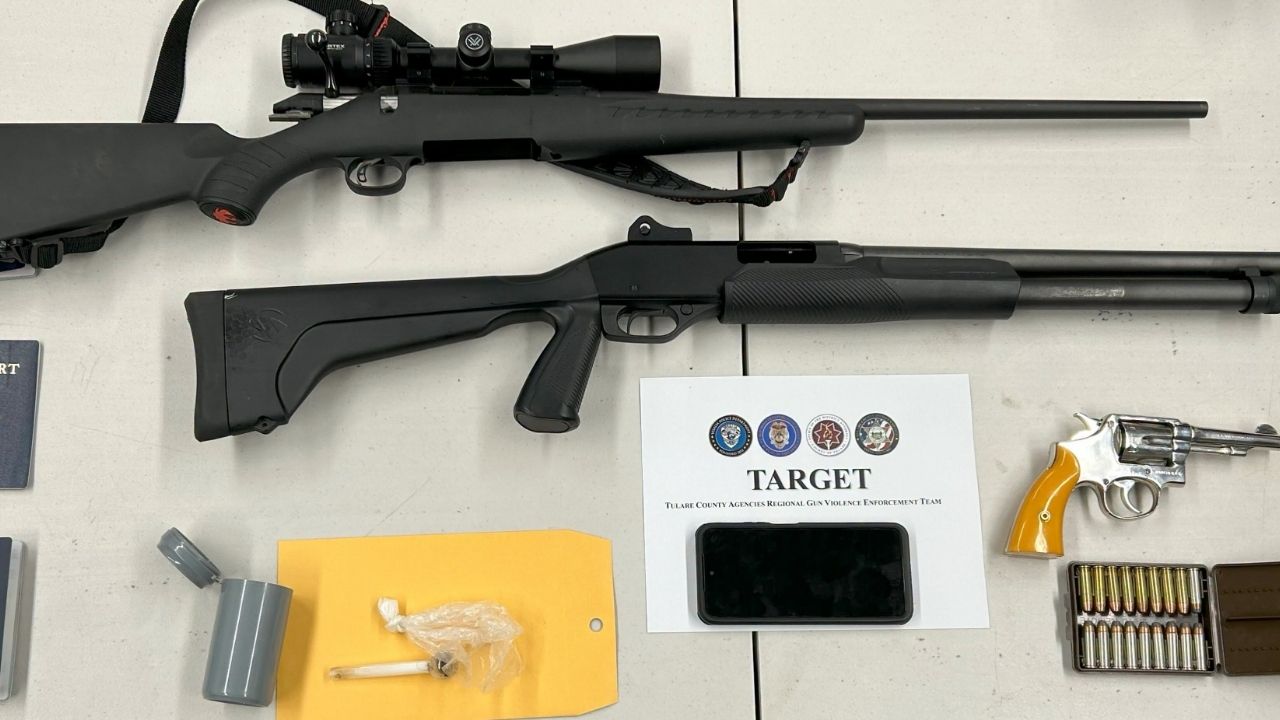 Visalia police said Michael Noe, 40, was arrested after investigators seized three firearms, ammunition and narcotics during a search. (Visalia PD)