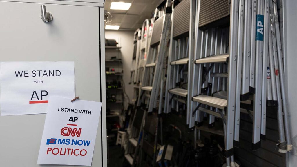 Signs hang in the media work area at the White House after CNN, MS NOW, and Politico were kicked off the White House grounds by US President Donald Trump, in Washington, DC, US, September 23, 2026. (Reuters/Evan Vucci)