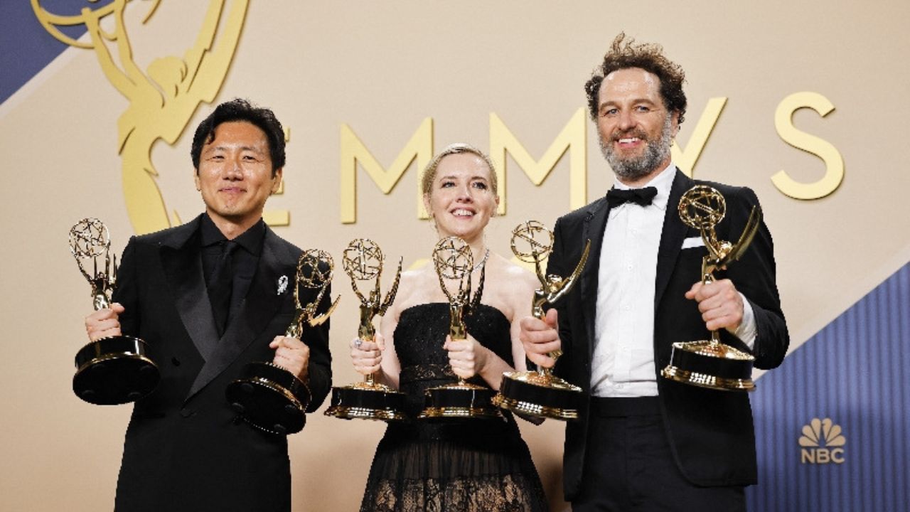 Hiro Murai, winner of the Outstanding Directing for a Comedy Series Award for "Widow's Bay", Katie Dippold, winner of the Outstanding Writing for a Comedy Series Award for "Widow's Bay" and Matthew Rhys, winner of the Outstanding Lead Actor in a Comedy Series Award for "Widow's Bay" and winner of the Outstanding Lead Actor in a Limited or Anthology Series or Movie Award for "The Beast in Me," pose with their awards during the 78th Primetime Emmy Awards in Los Angeles, California, U.S., September 14, 2026. (REUTERS/Mike Blake)