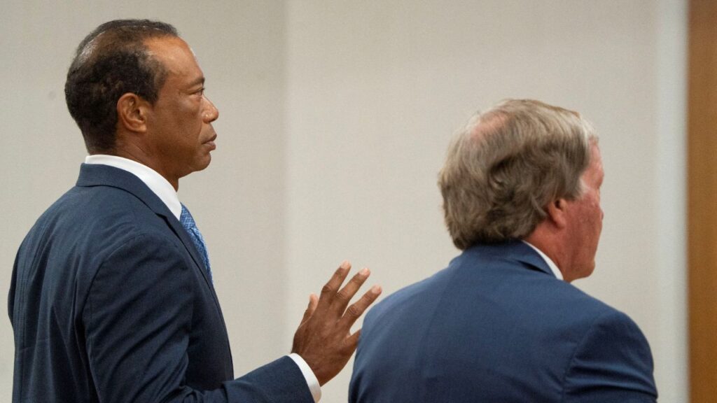Tiger Woods appears in County Judge Darren Steele's courtroom for a plea hearing from an arrest in March, at the Martin County Courthouse in Stuart, Florida, U.S., September 2, 2026. (Crystal Vander Weit/Pool via REUTERS)