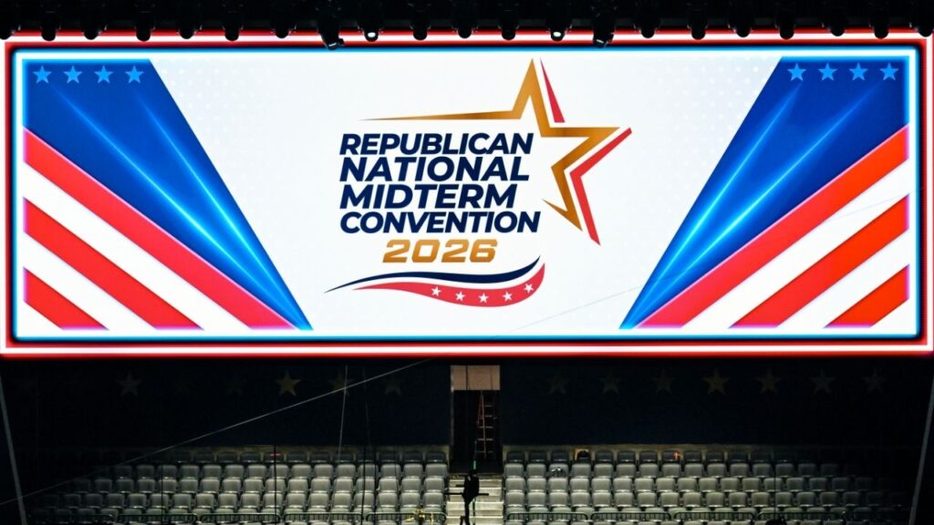 Workers during preparations for the Republican Party’s midterm convention in Dallas on Sunday, Sept. 6, 2026. Normally, national party conventions are held only in presidential election years, but President Donald Trump pushed for a Republican midterm convention. (Kenny Holston/The New York Times)