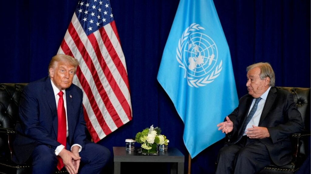 FILE PHOTO: U.S. President Donald Trump meets with United Nations Secretary-General Antonio Guterres during the 80th United Nations General Assembly, in New York City, New York, U.S., September 23, 2025. Reuters/Al Drago/File Photo