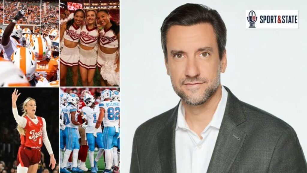 Image of Clay Travis in white open collar shirt and gray sports coat along with separate images of athletes