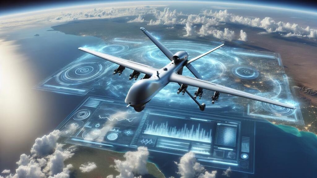 A futuristic military drone hovers over the landscape analyzing a map in a depiction symbolizing the emergence of the defense tech industry