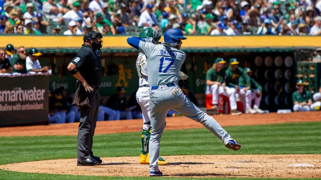 Image of Shohei Ohtani facing right and taking a practice swing