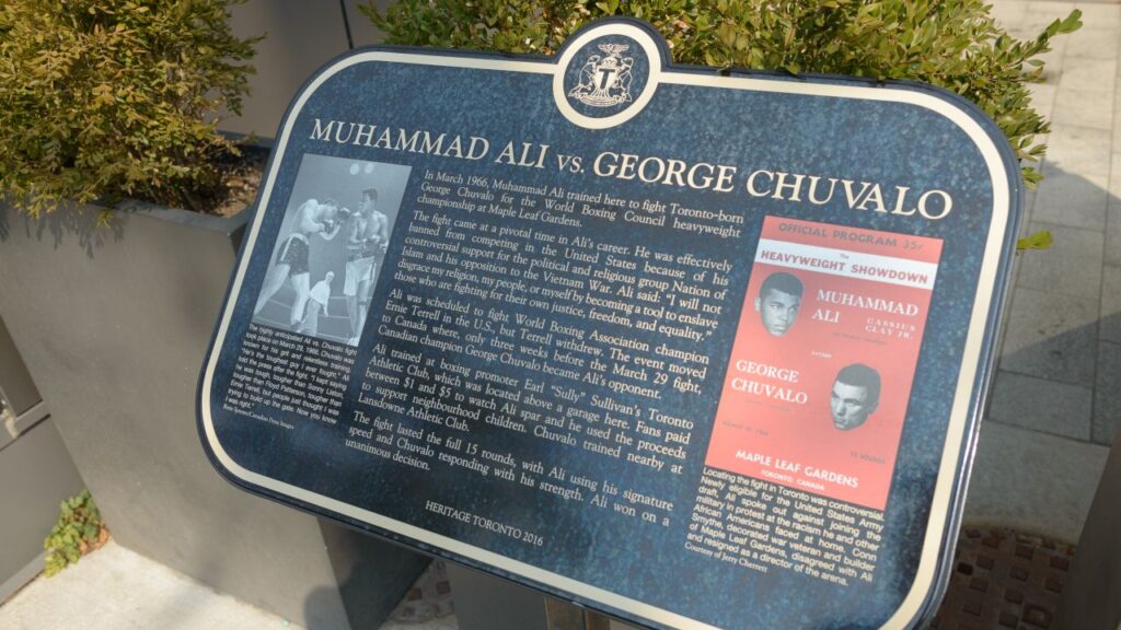 Image of a plaque commemorating George Chuvalo's first fight against Muhammad Ali in Canada