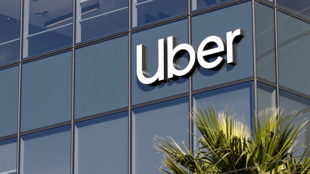 The Uber marquee on its corporate headquarters in San Francisco