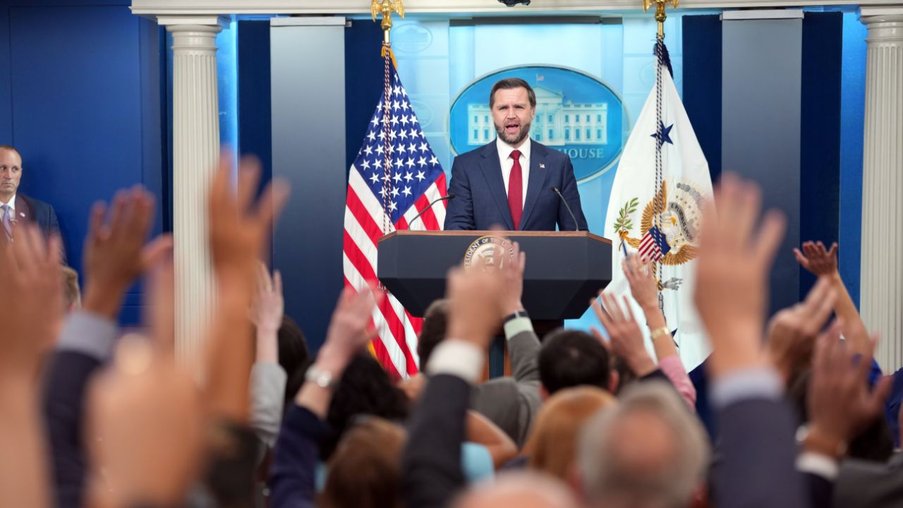 Vice President JD Vance speaks to reporters in the Briefing Room of the White House on Thursday, Sept. 3, 2026. It was the first press briefing at the White House since Karoline Leavitt left as press secretary last week, and was also the first briefing held by any administration official there in several weeks. (Doug Mills/The New York Times)