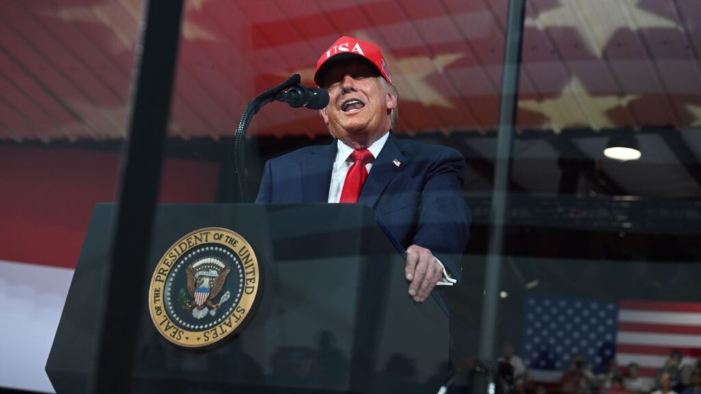 President Donald Trump makes a fly-in campaign stop in Gastonia, N.C., in support of Michael Whatley, a Republican Senate candidate, on Wednesday, Sept. 16, 2026. While Trump has called the $400 million super PAC run by his political advisers “my money that I control,”federal law bars those holding federal office from directing spending decisions for a political organization with no contribution limits. (Kenny Holston/The New York Times)