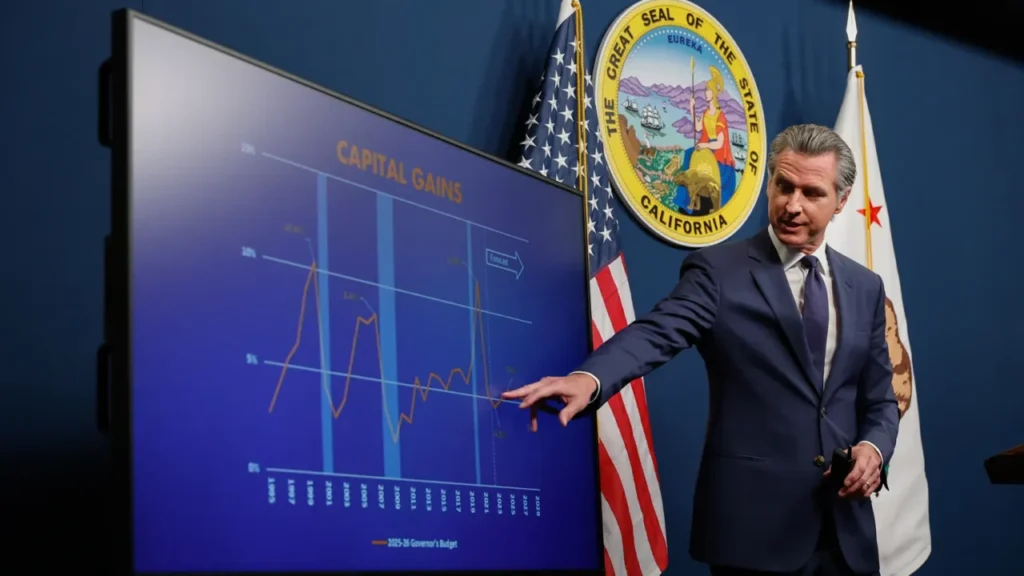 Image of Gavin Newsom pointing at a California budget chart