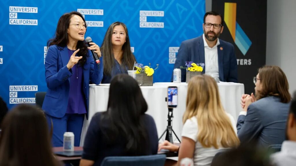 Image of a candidates debate for California insurance commissioner with Jane Kim and Ben Allen