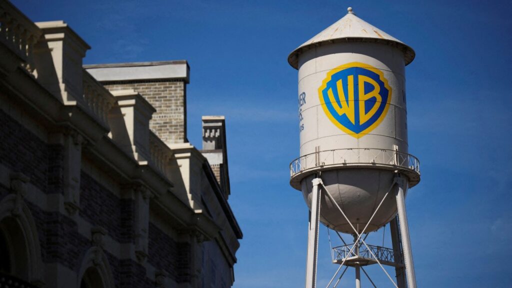 Image of the Warner Brothers water tower on the studio's lot against a backdrop of a blue sky
