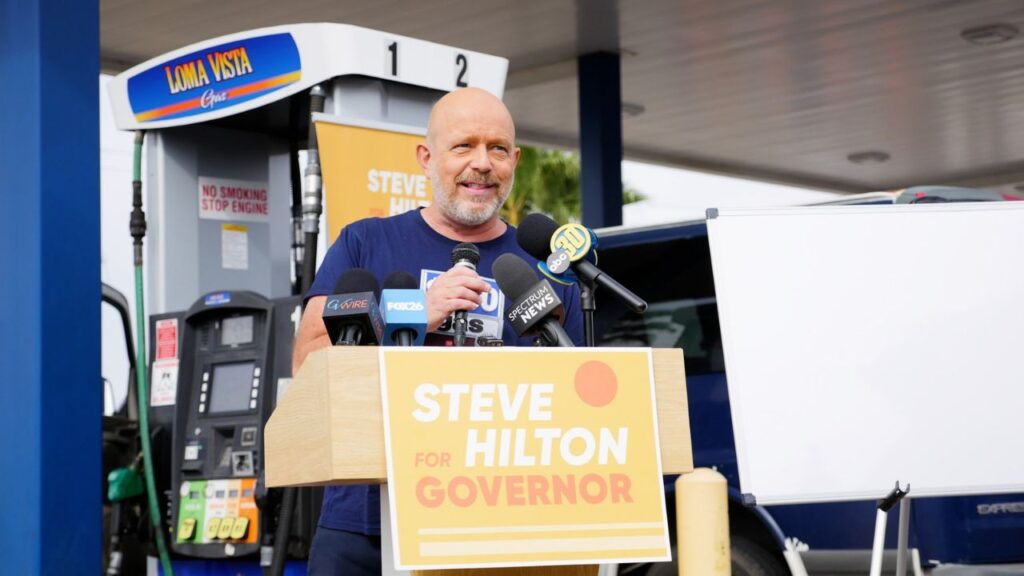 California gubernatorial candidate Steve Hilton offered gasoline for $3 per gallon to drivers at the Loma Vista Travel Plaza in Sanger on Thursday as he criticized a proposed vehicle-miles-traveled tax. (GV Wire/Jahz Tello).