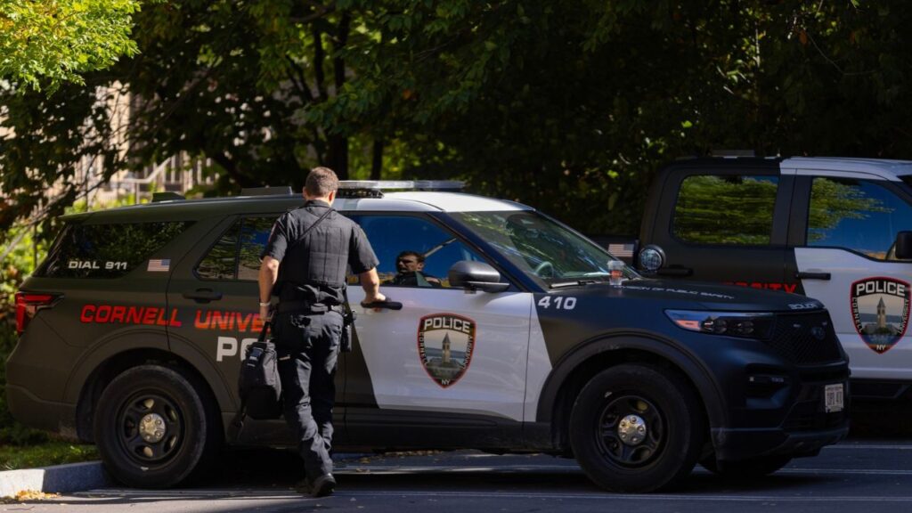 A Cornell University Police vehicle on campus in Ithaca, N.Y., on Saturday, Oct. 3, 2026. A former Cornell University student filed a lawsuit saying she was sexually assaulted by seven members of the Chi Phi fraternity at a house party on campus. (Lauren Petracca/The New York Times)