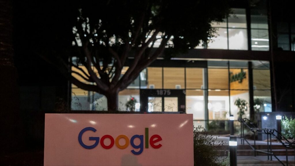 A Google logo at a company research facility in Mountain View, California, U.S., April 15, 2026. REUTERS/Carlos Barria