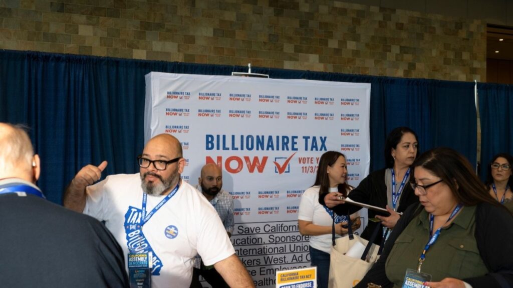 A billionaire tax booth at the California Democratic Convention in San Francisco, Feb. 21, 2026. The latest Silicon Valley billionaire club is a $333 million political ad machine that is heavily engaged in next week’s elections. (Mike Kai Chen/The New York Times)
