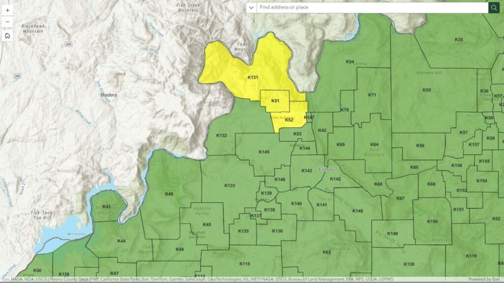 A brush fire near Powerhouse and Wish I Ah roads in Fresno County prompted evacuation warnings for three zones Tuesday afternoon. (Fresno County SO)