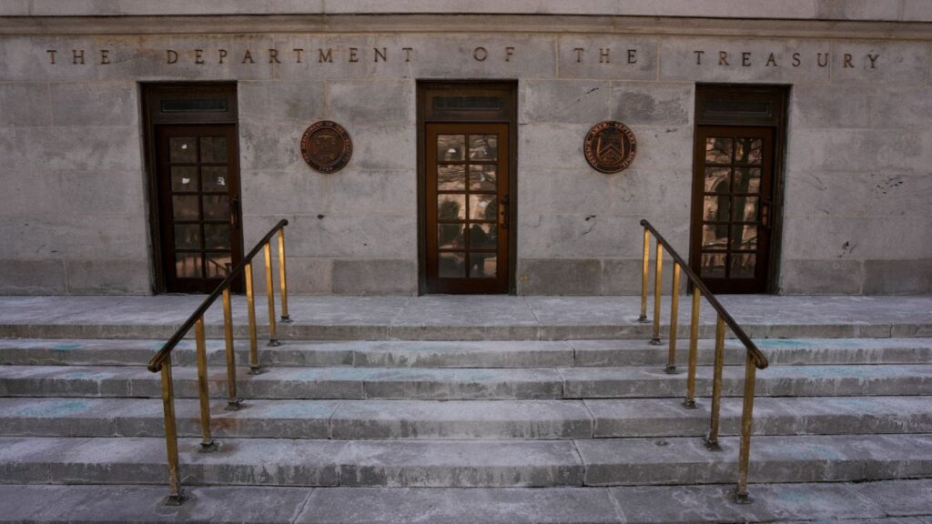 A general view of the entrance to the U.S. Department Of The Treasury on day two of a partial government shutdown in Washington, D.C., U.S., February 1, 2026. (Reuters File)