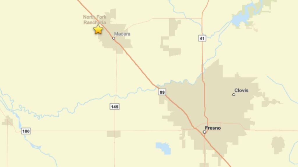 A magnitude 2.6 earthquake struck about 3 miles west-northwest of Madera early Thursday, according to earthquake data. (USGS)
