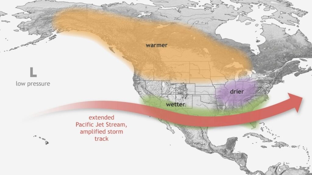 A map of the U.S., Canada, and Central and part of South America showing the effects of El Nino during winter in the Northern Hemisphere. (NOAA)