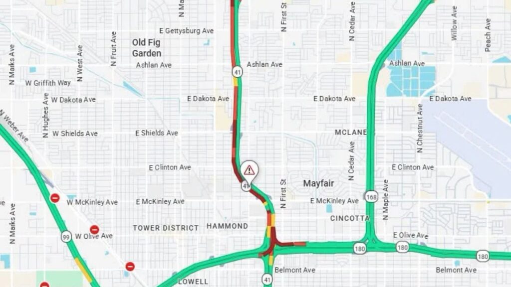 A multi-vehicle crash reduced southbound Highway 41 to one lane at McKinley Avenue, backing up traffic to Barstow Avenue. (Caltrans)