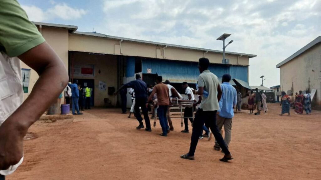 A person wounded in a drone strike on a market in the disputed Abyei region along the border between South Sudan and Sudan is carried to Ameth Bek hospital, October 19, 2026. REUTERS/Medecins Sans Frontieres/Handout via REUTERS