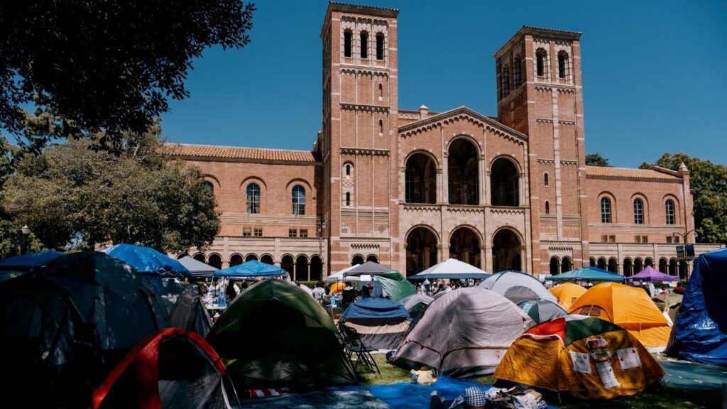 A pro-Palestinian encampment at the University of California, Los Angeles, April 27, 2024. The university is asking a judge to throw out a Trump administration lawsuit accusing it of abetting antisemitism against employees after Hamas’s attack on Israel in 2023. (Mark Abramson/The New York Times)