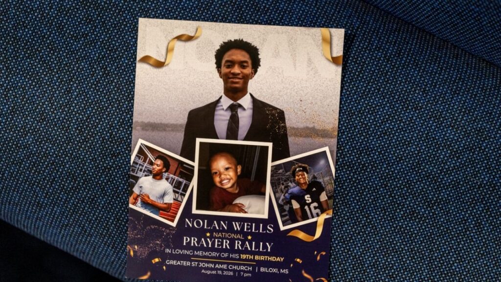 A program from a prayer rally to mark what would have been the 19th birthday of Christine and Elmore Wonsley's son Nolan Wells, whose body was found off an island he had visited with friends on the July 4th weekend, at the Greater St. John AME Church in Biloxi, Mississippi, U.S. August 19, 2026. (Reuters File)