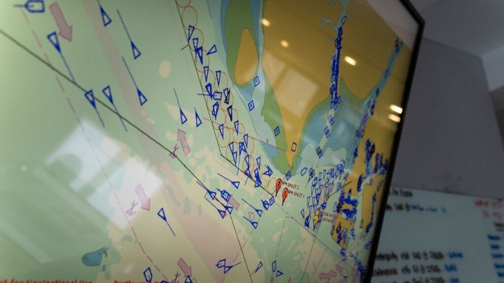 A screen in the office of Contemporary Logistics tracks vessel movements in the waters off of Johor, Malaysia, Sept. 23, 2026. Companies continue to service a “dark fleet” of Iranian tankers in waters off Malaysia in spite of Washington’s threat to target them. (Ore Huiying/The New York Times)
