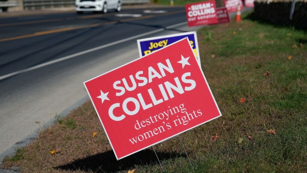 A sign against Republican Senator Susan Collins, reading "Susan Collins, destroying women's rights", stands in Bangor, Maine, US, October 5, 2026. REUTERS/Aleksandra Michalska