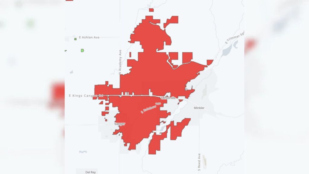 A storm-related power outage affected more than 5,400 PG&E customers in the Sanger area Wednesday, with no estimated restoration time available. (PG&E)