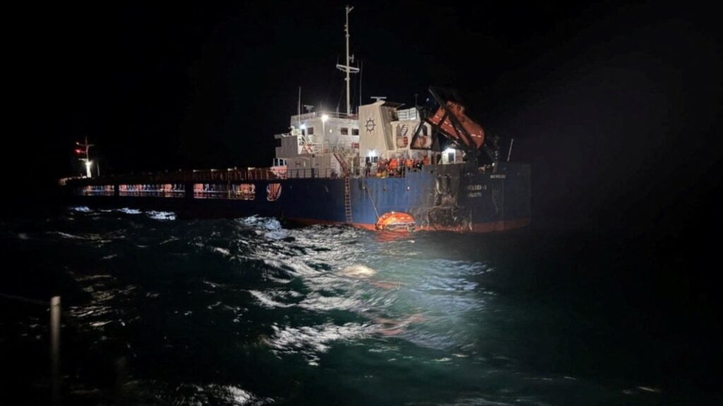 A view shows a vessel that was hit by a drone in the Black Sea, in this handout image released by the Bulgarian Interior Ministry on October 13, 2026. Bulgarian Interior Ministry/Handout via REUTERS