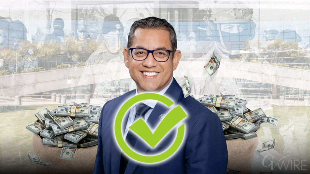 Composite Image of Fresno councilmember Miguel Arias, immigration enforcement scenes and a green check mark signifying passage of a $1 million immigrant legal defense fund