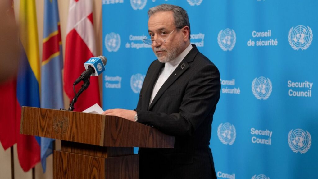 Abbas Araghchi, Iran’s foreign minister, speaks to reporters on the fourth day of the 81st United Nations General Assembly, at its headquarters in New York, Sept. 25, 2026. Iran has offered to mediate between Saudi Arabia and the Tehran-backed Houthi militia in Yemen, after a string of deadly attacks on the kingdom, warning that overlapping conflicts in the region had no military solution. (Lexi Parra/The New York Times)