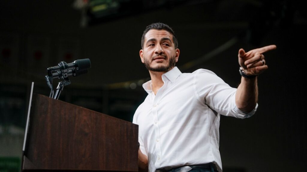 Abdul El-Sayed, the Democratic nominee for Senate in Michigan, speaks at a campaign rally in Detroit, Oct. 24, 2026. Rep. Haley Stevens (D-Mich.), who lost to El-Sayed in a bitter Democratic primary for Senate in August, has grown increasingly critical of him as the election draws near, injecting unusual intraparty tensions into the final days of a pivotal midterm contest. (Nick Hagen/The New York Times)