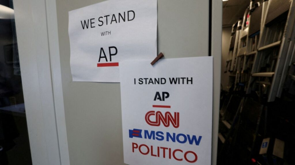 An updated solidarity sign adding CNN, MSNOW and POLITICO hangs outside the Associated Press booth at the White House grounds after US President Donald Trump banned three major news outlets – CNN, MS NOW and Politico from the White House, in Washington, D.C., US, September 21, 2026. (Reuters File)