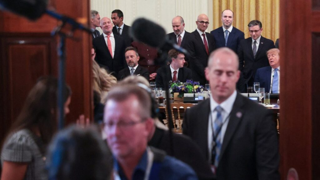 US House Speaker Mike Johnson, US Secretary of Commerce Howard Lutnick, Meta CEO Mark Zuckerberg, and OpenAI President Greg Brockman attend a luncheon for tech leaders hosted by US President Donald Trump in the East Room of the White House in Washington, D.C., US, September 29, 2026. Reuters/Jonathan Ernst