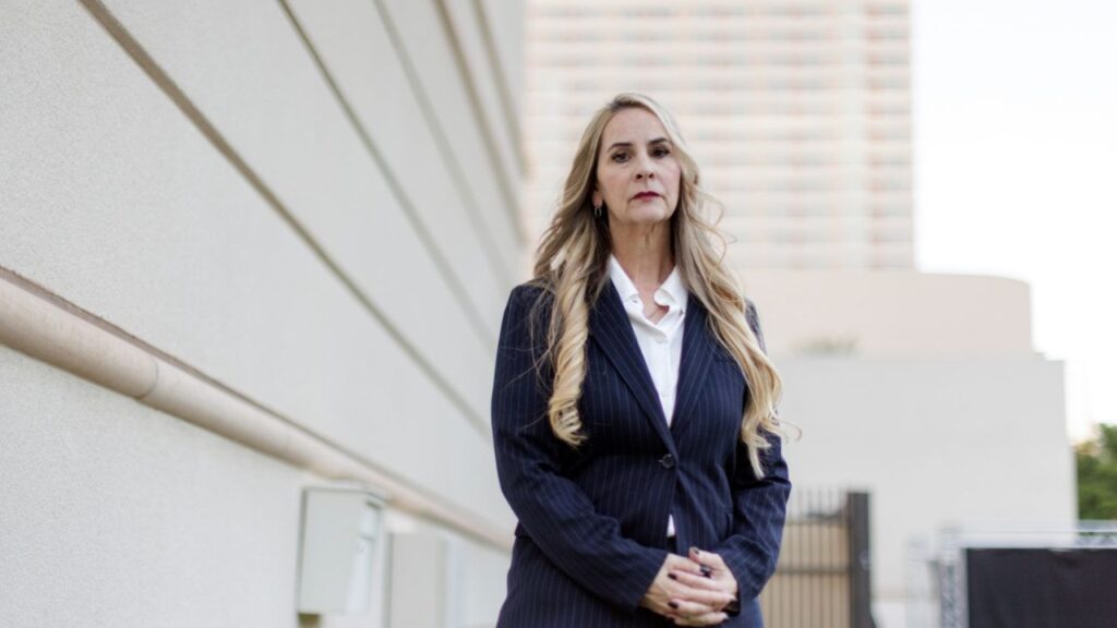 Bernadette Greene-Placentia, a Democratic candidate for Congress in Arizona, in downtown Phoeniz on Wednesday, Oct. 7, 2026. Greene-Placentia said on Wednesday that she was raped in August while repairing a damaged campaign sign. (Anna Watts/The New York Times)