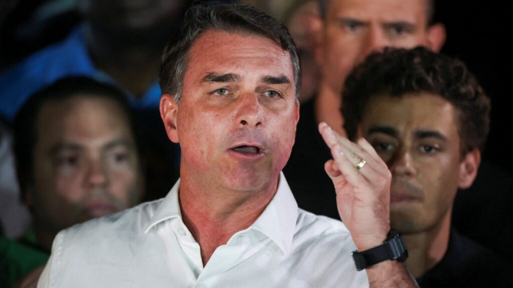 Brazilian presidential candidate Flavio Bolsonaro of the Liberal Party (PL) speaks after losing the presidential runoff election, in Brasilia, Brazil October 25, 2026. REUTERS/Adriano Machado